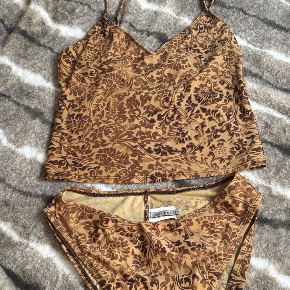 Anne Klein Gold and Brown Floral Chemise Set